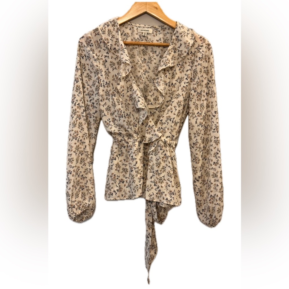 Max Studio Cream Floral Wrap Blouse